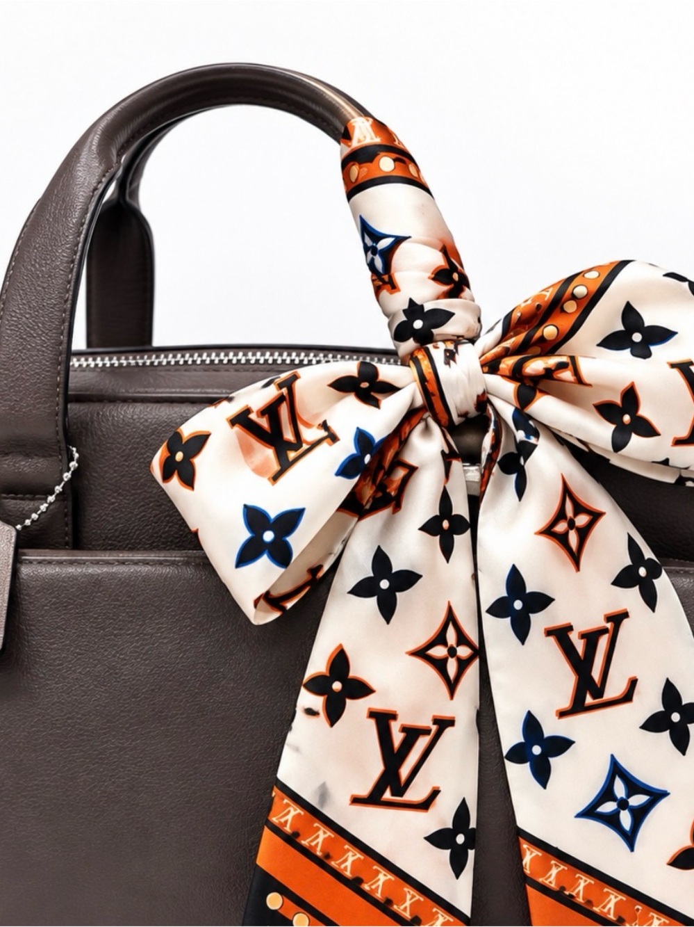 Ivory, Orange & Navy Monogram Silk Bow Scarf